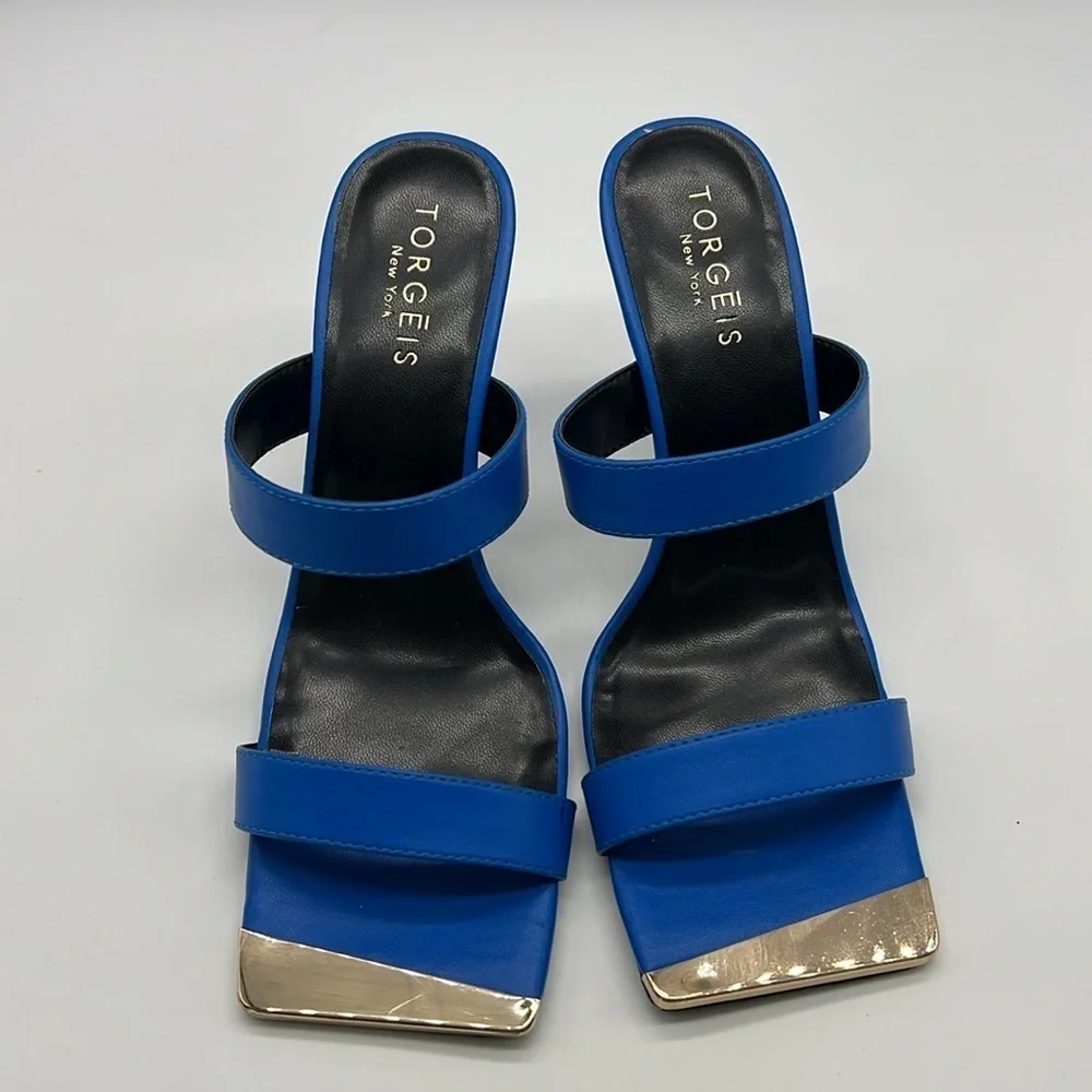 Torgeis - Antilles Bold Blue With Gold Tips Strap Sandal Open Toe Heels Size 7